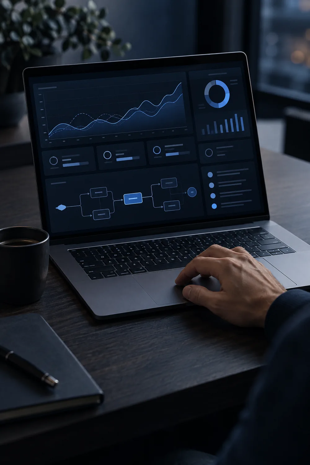 Portátil con un panel de indicadores y un flujo de automatización en pantalla
